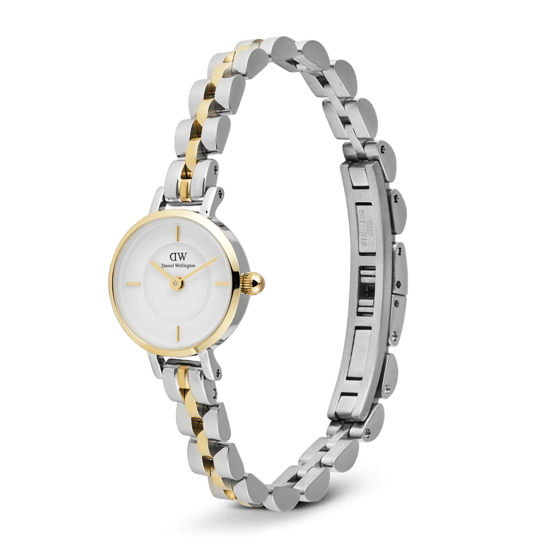 Petite Mini Arch 3-Link Two Tone Gold ladies watch with a slim, adjustable gold and silver 3-link bracelet, petite white dial, and butterfly clasp, shown open to highlight its comfortable fit and elegant design.