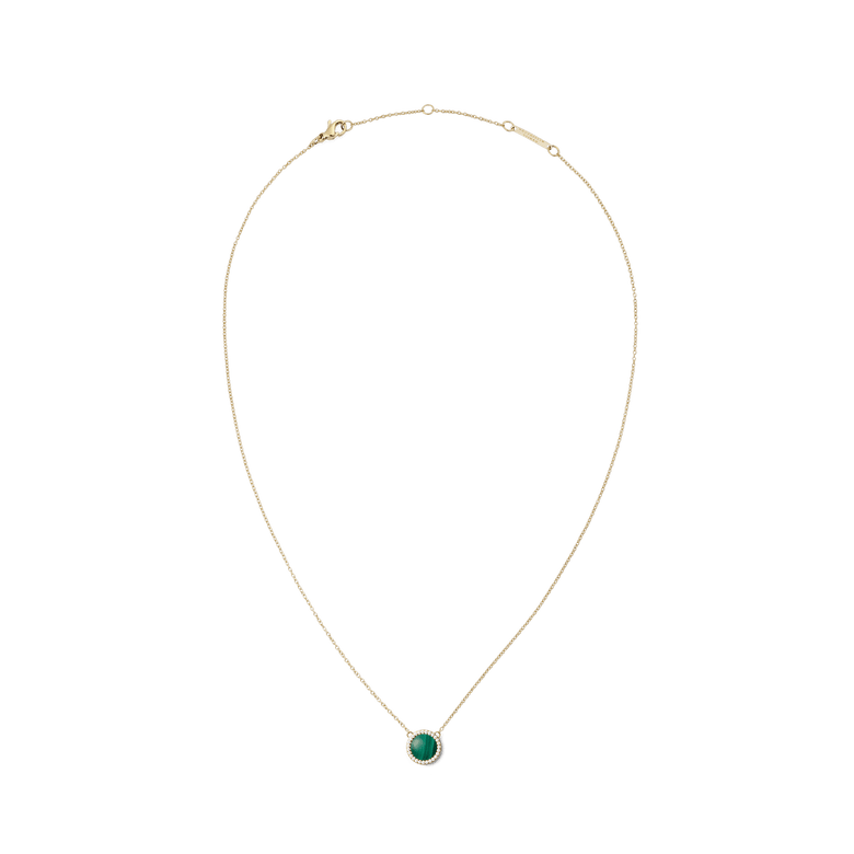Gold necklace with a fine adjustable chain, featuring a round green malachite pendant framed in gold and accented by a halo of white cubic zirconia crystals.