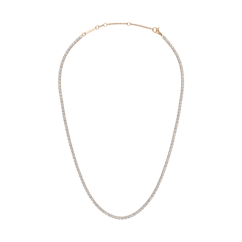 Classic Tennis Necklace Rose Gold featuring a delicate rose gold chain with individually set sparkling stones, designed with an adjustable clasp for a comfortable fit and versatile styling.