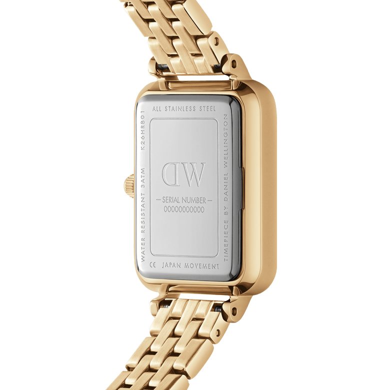 Back view of the Quadro Roman Numerals 5-Link Gold watch showing the stainless steel case, engraved details, and polished gold 5-link bracelet, highlighting its premium craftsmanship and water resistance.