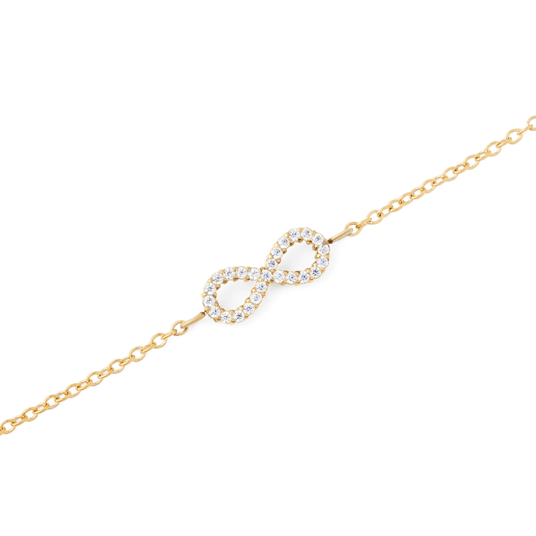 Close-up of the Mirelle Infinity Bracelet Gold showing a fine gold chain with a sparkling infinity symbol set with white cubic zirconia crystals, highlighting its elegant and minimalist design.