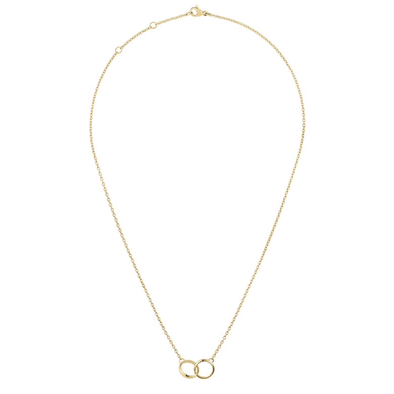 Classic Lumine Unity Gold necklace with an adjustable gold chain and two interlocking rings as a pendant, shown in a full-length view highlighting the clasp and extension links.