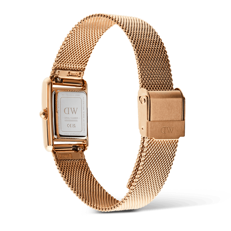 Back view of the Bound Mini Melrose rose gold watch, highlighting the stainless steel mesh strap, fold-over clasp, and the engraved case back details.