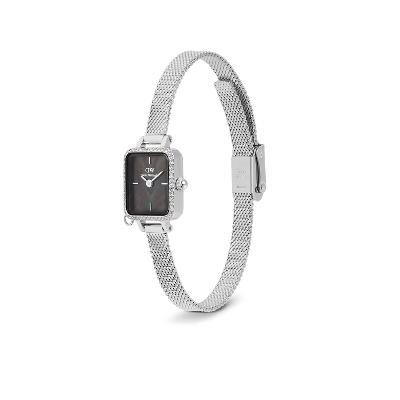 Quadro Mini Crystal Zodiac Sterling Set featuring a rectangular silver case with crystal accents, black mother of pearl dial, and an adjustable silver mesh strap, shown without the zodiac charm.