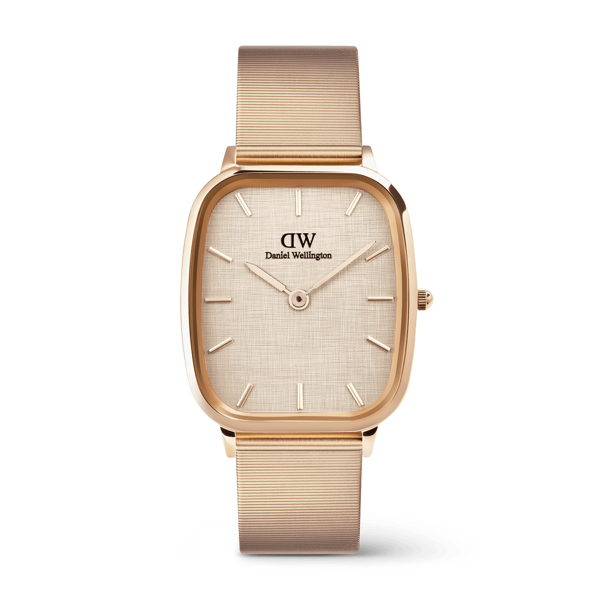 Marlon Wire Linen Rose Gold watch with a rectangular rose gold case, linen-textured soft yellow dial, minimalist hour markers, and a slim adjustable mesh strap.