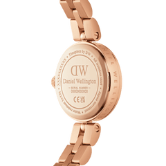 Back view of the Elan Lumine Rose Gold ladies watch showing the engraved case, rose gold stainless steel finish, and three-link bracelet detail.