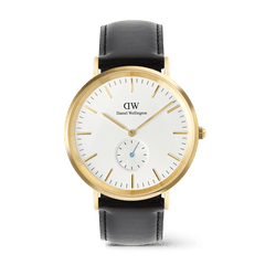 Classic Multi-Eye Sheffield Off-white Sunray Gold men's watch featuring a gold-plated stainless steel case, off-white sunray dial with a subtle triangular pattern, blue-tipped sub-second hand, and a black genuine leather strap.