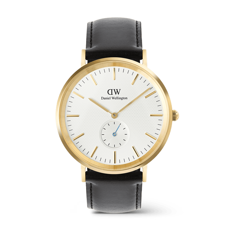 Classic Multi-Eye Sheffield Off-white Sunray Gold men's watch featuring a gold-plated stainless steel case, off-white sunray dial with a subtle triangular pattern, blue-tipped sub-second hand, and a black genuine leather strap.