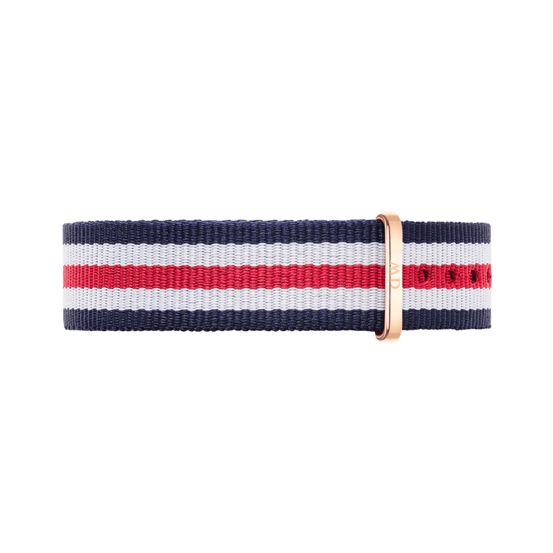 Canterbury Strap Rose Gold NATO watch strap with navy, white, and red stripes, featuring a rose gold buckle and durable polyester fabric suitable for various wrist sizes.