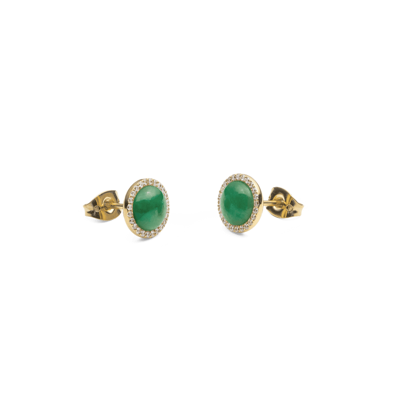 Daniel Wellington Audrey Earrings Jade Gold featuring round green jade stones set in gold with a halo of white crystals, shown from a side angle to highlight the secure stud backings and polished finish.
