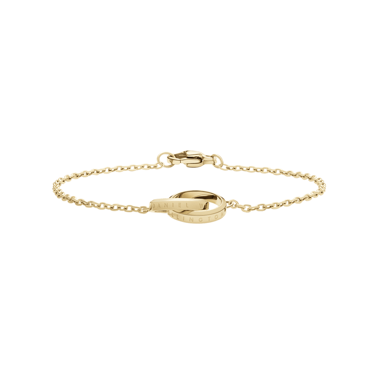 Delicate gold Elan Unity Bracelet featuring a fine chain and two interlocking rings with engraved detailing, crafted from stainless steel with a polished PVD gold finish.