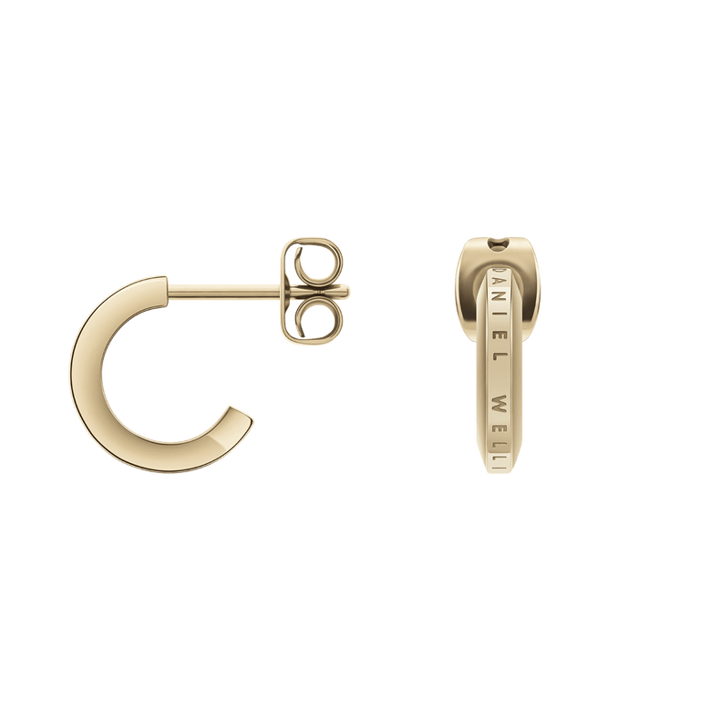 Elan Earrings Gold display a petite huggie hoop style with a polished gold finish, featuring the Daniel Wellington logo engraved on the side and secure butterfly backs for comfortable daily wear.