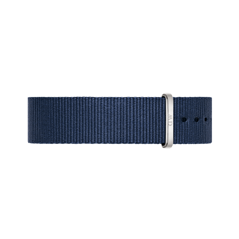 Bayswater Strap Silver features a deep navy blue NATO style polyester band with a polished silver buckle and multiple adjustment holes, offering a refined and versatile look for both men's and women's watches.
