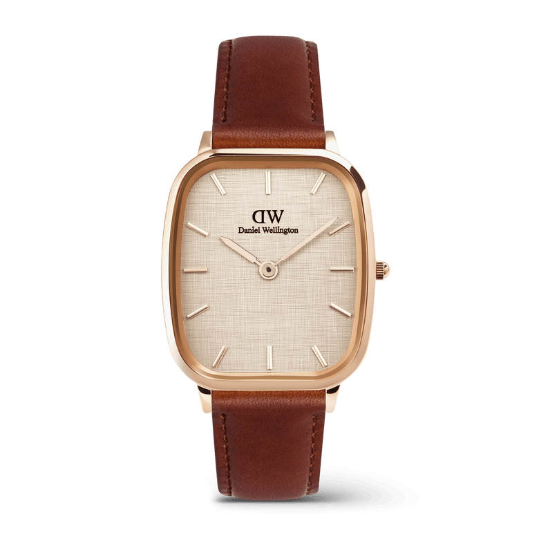 Men’s Marlon St Mawes Linen Rose Gold watch featuring a rectangular rose gold case, linen-textured dial, minimalist markers, and a brown leather strap with visible stitching.