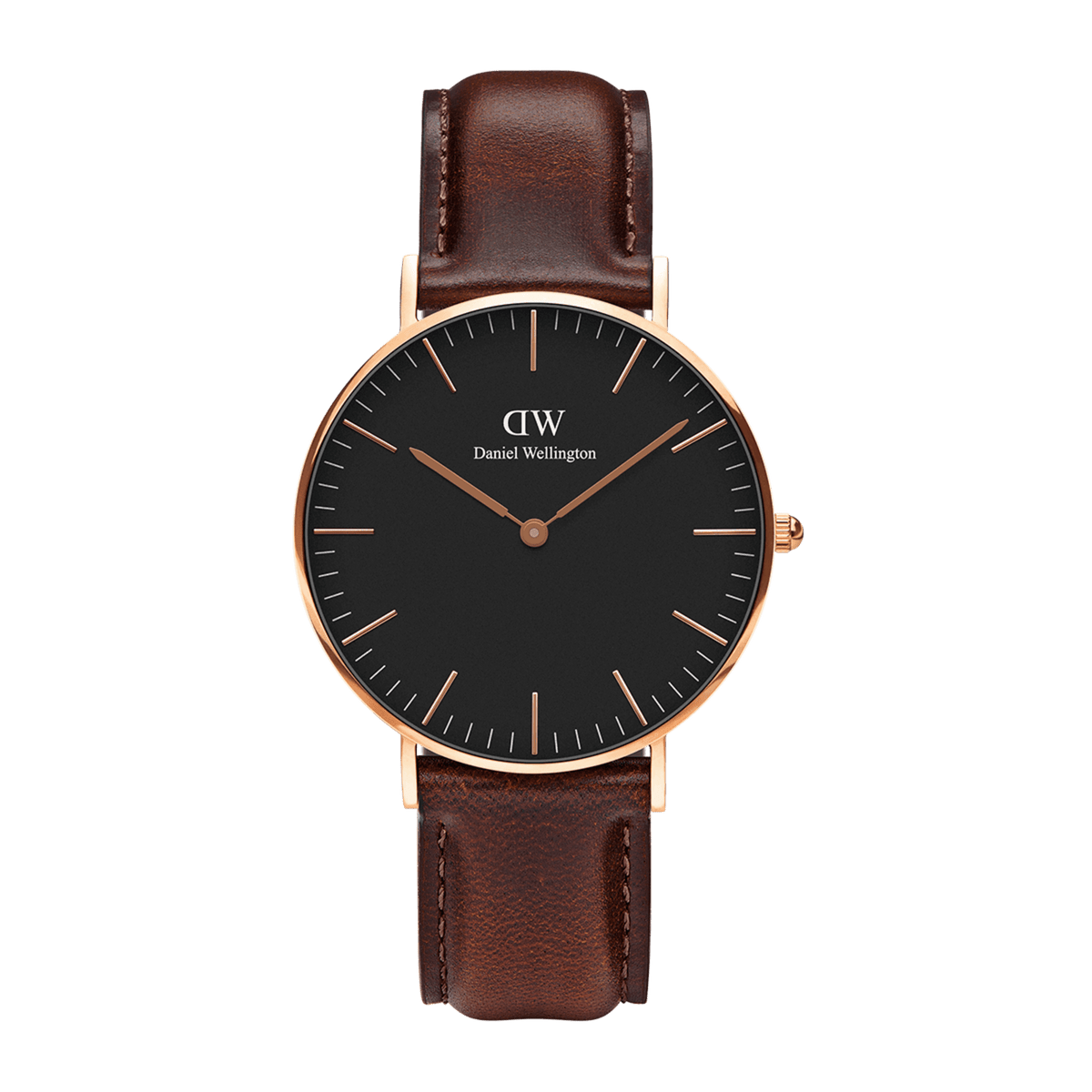 Classic Bristol Black Rose Gold watch featuring a minimalist black dial, slim rose gold case, and a dark brown genuine leather strap, designed for versatile everyday wear.