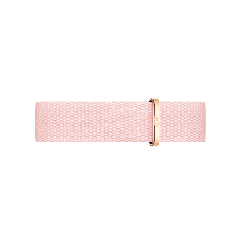 Soft pink Coral Strap Rose Gold watch strap with a slim NATO style and rose gold buckle, designed for petite watches and made from recycled polyester for comfortable daily wear.