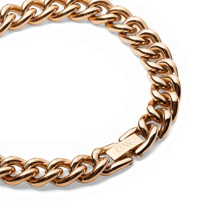 Detail view of the Chunky Chain Bracelet Rose Gold, showing the thick, polished links and the sturdy fold-over clasp in a high quality rose gold finish.
