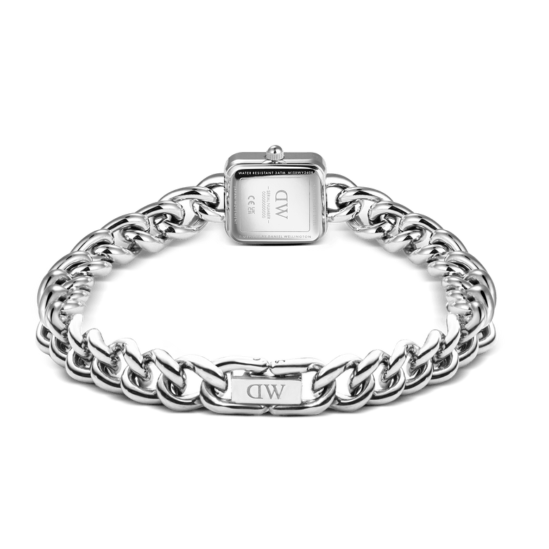 Back view of the Jolie Chain Silver ladies watch, showing the polished silver chain bracelet, secure foldover clasp, and engraved stainless steel case.