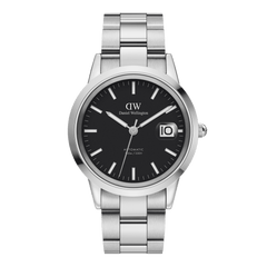 Silver Daniel Wellington Iconic Link Automatic watch with a black dial, luminous markers, and a magnified date window, featuring a polished stainless steel bracelet and a 40mm case.