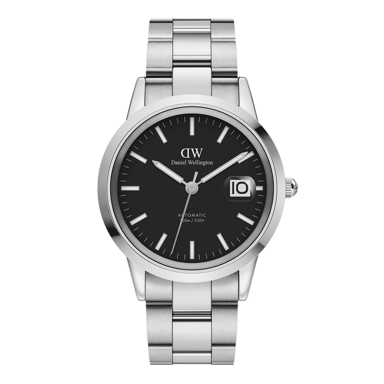 Silver Daniel Wellington Iconic Link Automatic watch with a black dial, luminous markers, and a magnified date window, featuring a polished stainless steel bracelet and a 40mm case.