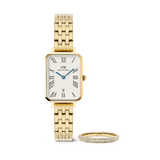 Quadro Roman Numerals Date + Pavé Ring 3mm Gold Set