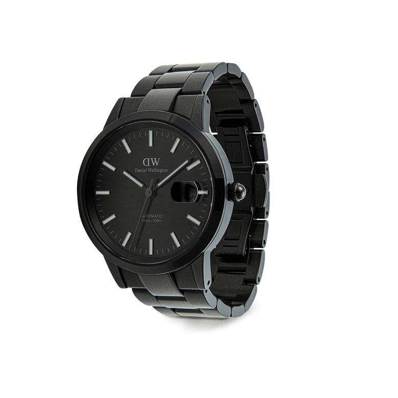 Daniel Wellington Iconic Link Automatic Black men’s watch with a black stainless steel bracelet, minimalist round face, luminous markers, and a magnified date display.