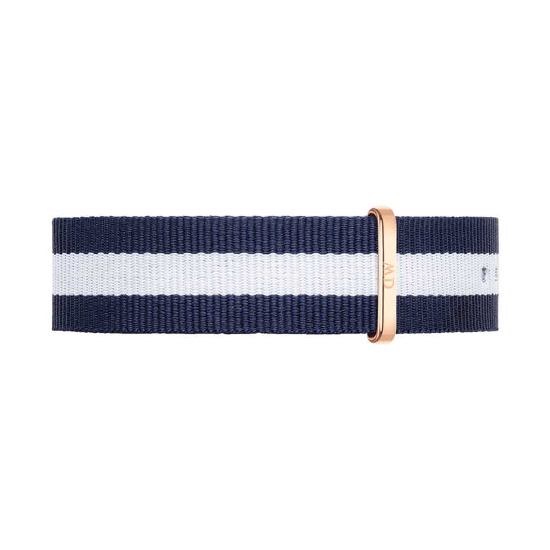 Glasgow Strap Rose Gold features a navy blue and white striped NATO style design with a rose gold buckle, made from durable polyester for a comfortable and stylish watch upgrade.