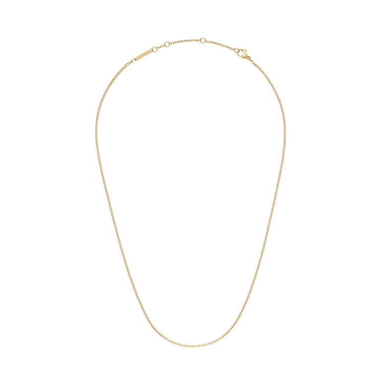 Box Chain Necklace G shown with a slim, minimalist gold box chain and adjustable clasp, crafted in stainless steel with gold PVD plating for a polished, versatile finish.