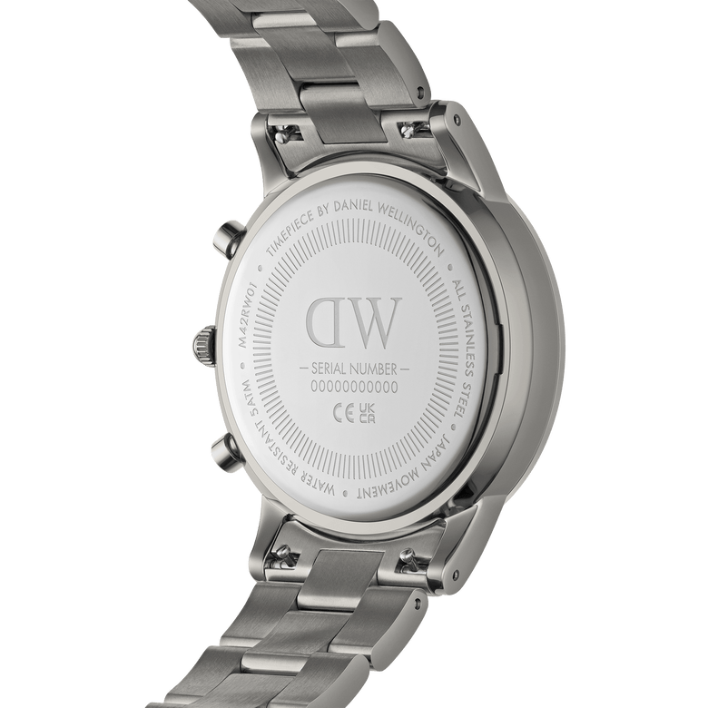 Back view of the Iconic Chronograph Link Graphite men's watch, showing the engraved stainless steel case, serial number, and robust link bracelet with adjustable clasp.