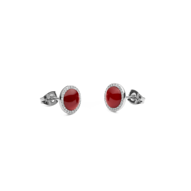Audrey Earrings Red Agathe Silver shown from a side angle, highlighting the domed red agate centre, polished silver setting, white cubic zirconia halo, and secure stud clasp.