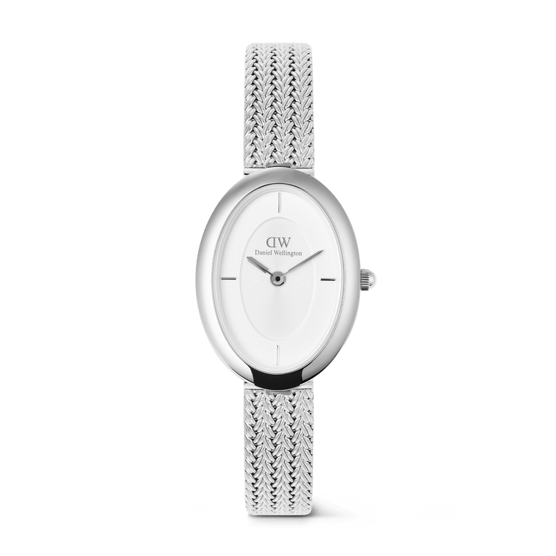 Juliette Braided Mesh White Sunray Silver ladies watch featuring a petite oval stainless steel case, minimalist white sunray dial, and a polished braided mesh strap with subtle rectangular indices.