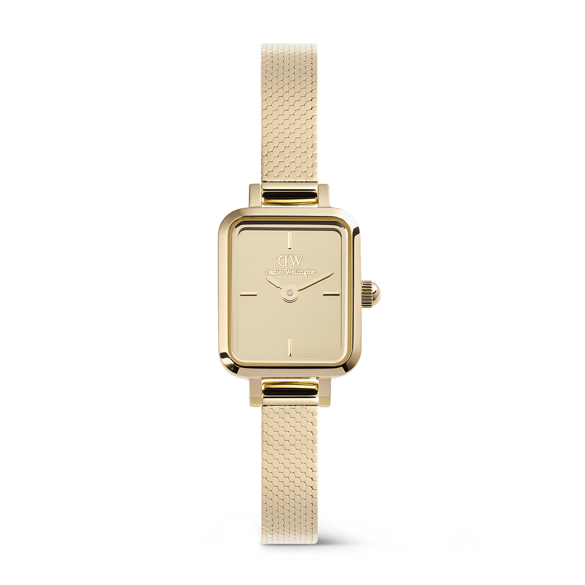 Quadro Mini Reflection Gold features a slim rectangular gold case, mirror-effect dial, and a delicate gold mesh strap, offering a refined and minimalist look suitable for everyday wear.