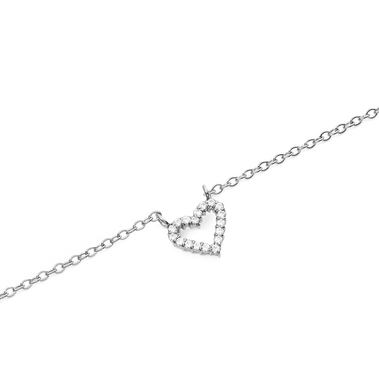 Close-up of the Mirelle Heart Necklace Silver showing a delicate open heart pendant set with sparkling white cubic zirconia crystals on a fine silver chain.