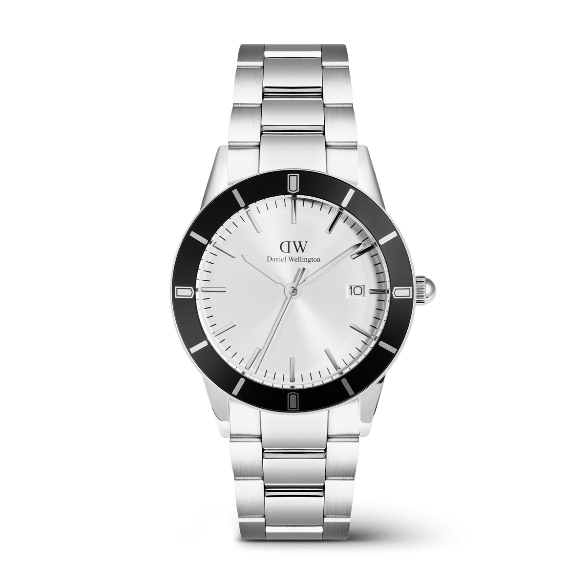 Daniel Wellington Iconic Paradigma Link Black Bezel men's watch with a 40mm stainless steel case, bold black bezel, silver dial, date window at three o'clock, and a three-link bracelet with a satin matte and polished finish.