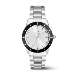 Daniel Wellington Iconic Paradigma Link Black Bezel men's watch with a 40mm stainless steel case, bold black bezel, silver dial, date window at three o'clock, and a three-link bracelet with a satin matte and polished finish.