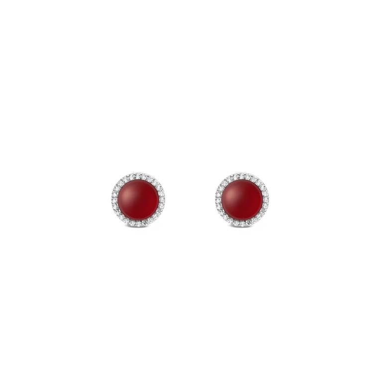 Pair of Audrey Earrings Red Agathe Silver featuring domed red agate centres surrounded by white cubic zirconia halos, set in polished silver with a minimalist stud design.