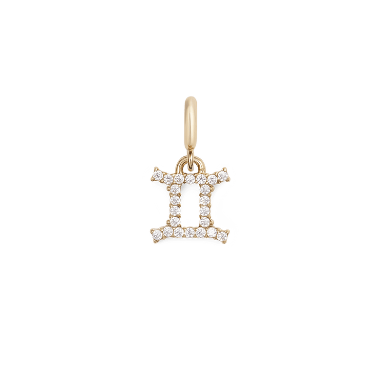 Gold Gemini zodiac watch charm with cubic zirconia crystal detailing, featuring a twin symbol design in a secure claw setting for versatile styling on watches or jewellery.