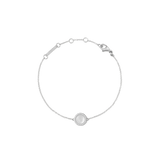 Delicate silver bracelet featuring a round mother of pearl centre surrounded by cubic zirconia crystals, set on a fine adjustable chain with a secure lobster clasp.