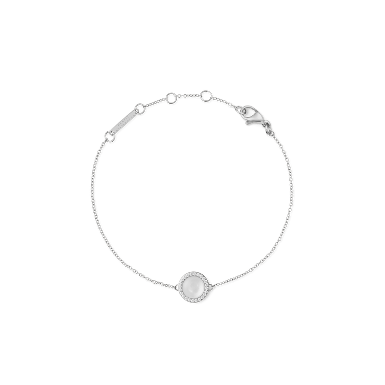 Delicate silver bracelet featuring a round mother of pearl centre surrounded by cubic zirconia crystals, set on a fine adjustable chain with a secure lobster clasp.