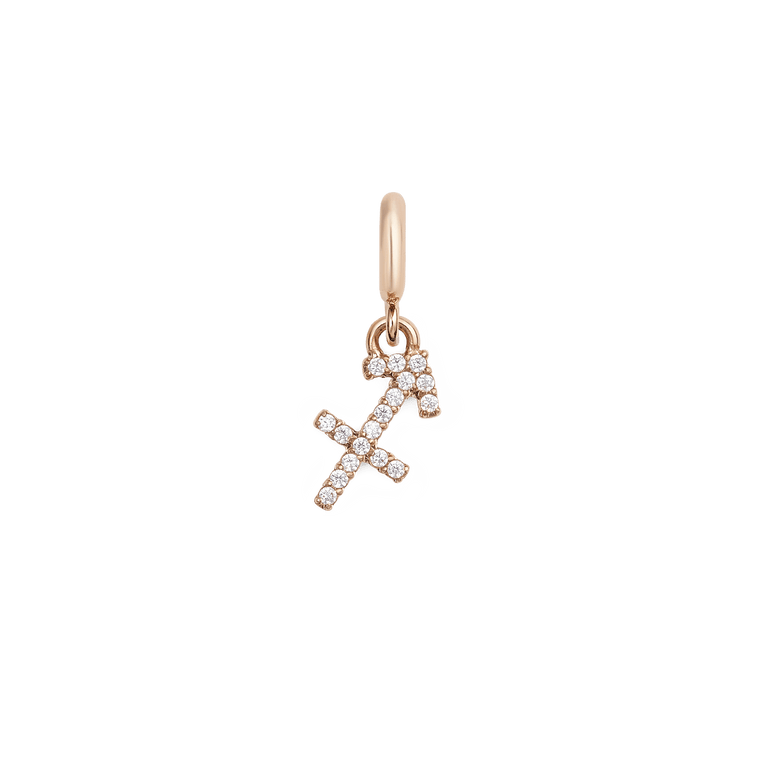 Sagittarius zodiac watch charm in rose gold, decorated with cubic zirconia crystals and a contemporary, minimalist design for Daniel Wellington watches or bracelets.