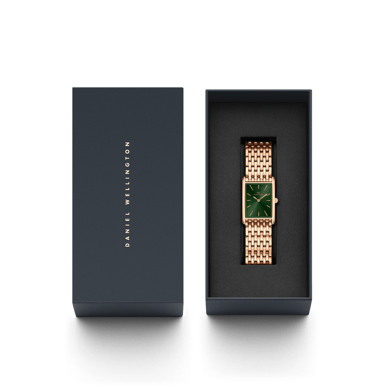 Bound 9-Link Emerald Sunray ladies watch with a rectangular rose gold case and green sunray dial, presented in a premium Daniel Wellington gift box.