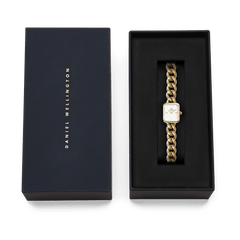 Jolie Chain Rose Gold watch presented in a black Daniel Wellington gift box, showcasing the chunky rose gold chain bracelet and petite square dial, ideal for gifting or special occasions.