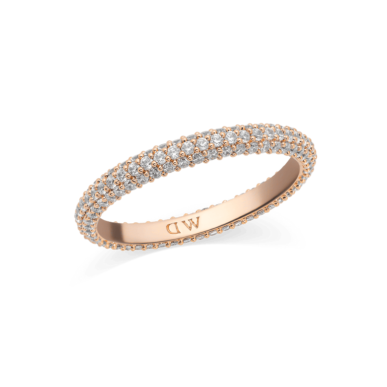 Slim rose gold Pavé Ring with a 3 mm band, elegantly set with rows of sparkling white cubic zirconia crystals for a refined, modern look.