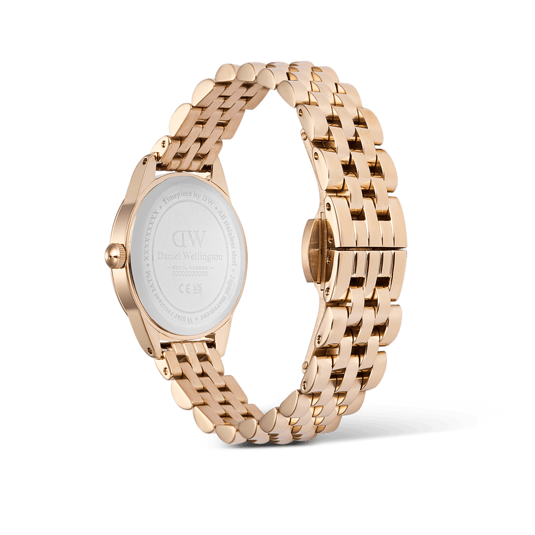 Back view of the Ophelia Mini Rose Gold ladies watch showing the polished rose gold stainless steel bracelet, oval case, and engraved caseback detailing.