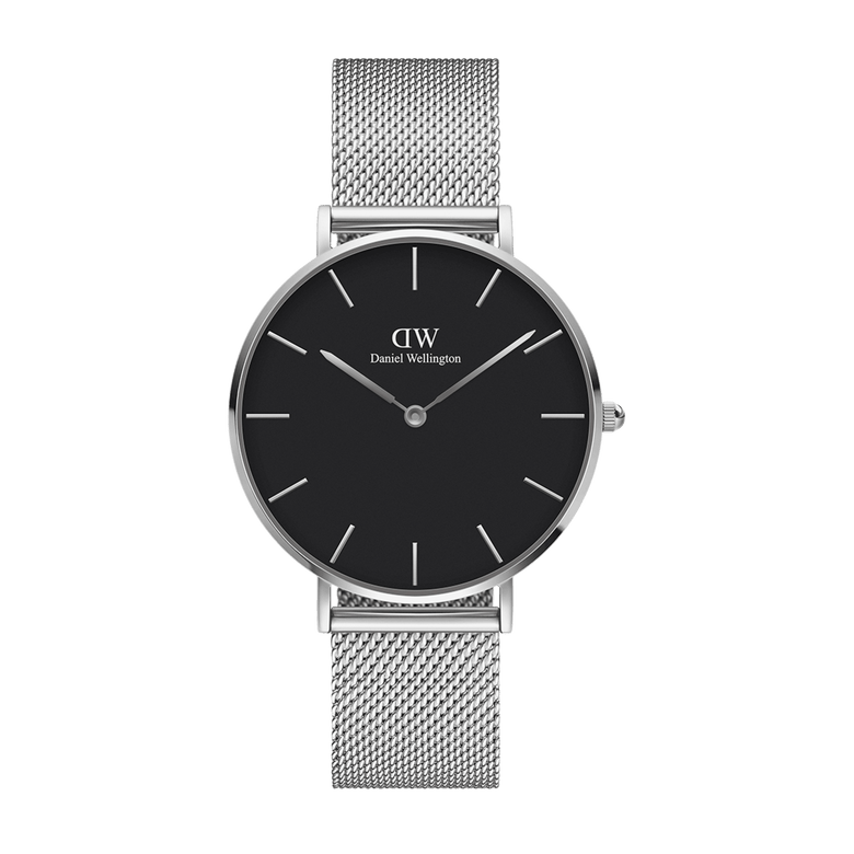 Petite Sterling Black Silver showcases a refined black dial with slim hour markers and a polished silver mesh strap, offering a contemporary and lightweight design ideal for petite wrists.