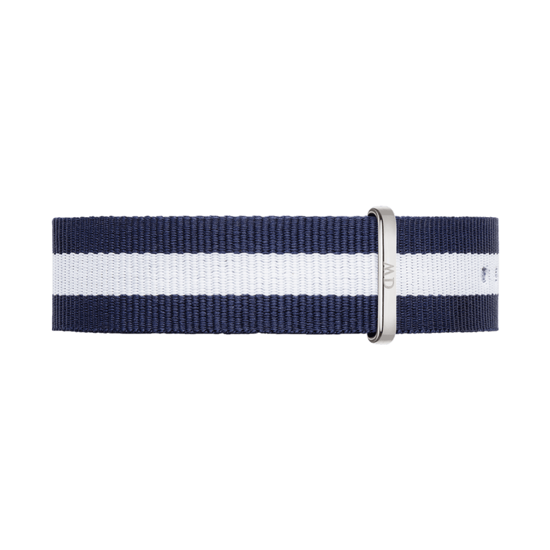Glasgow Strap Silver features a navy and white striped NATO design with a polished silver buckle, crafted from durable polyester for a comfortable and stylish watch upgrade.