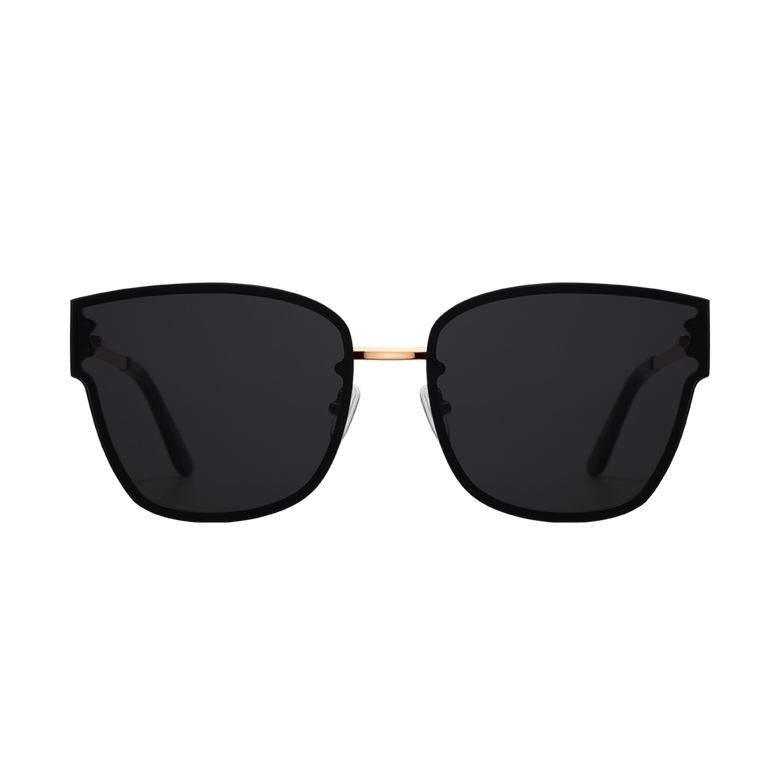 Steel Grande Rose Gold sunglasses with oversized square black lenses and a lightweight rose gold plated stainless steel frame, featuring adjustable nose pads and chic gold detailing.