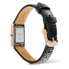 Rear view of the Daniel Wellington Bound Mini Black Lizard Rose Gold watch, highlighting the engraved stainless steel case back, textured black lizard grain leather strap, and rose gold pin buckle.
