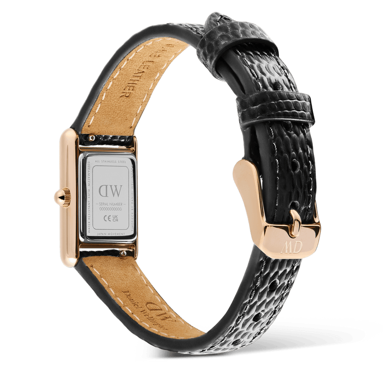 Rear view of the Daniel Wellington Bound Mini Black Lizard Rose Gold watch, highlighting the engraved stainless steel case back, textured black lizard grain leather strap, and rose gold pin buckle.