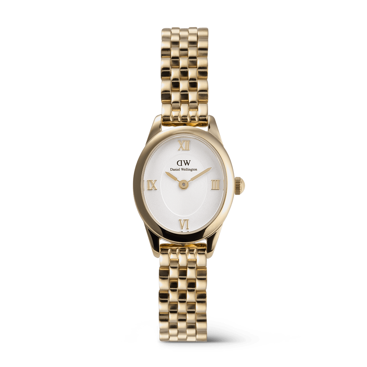 Ophelia Mini Gold women’s watch with a petite oval case, white sunray dial, gold Roman numerals, and a polished gold 5-link bracelet, blending classic style with modern minimalist design.